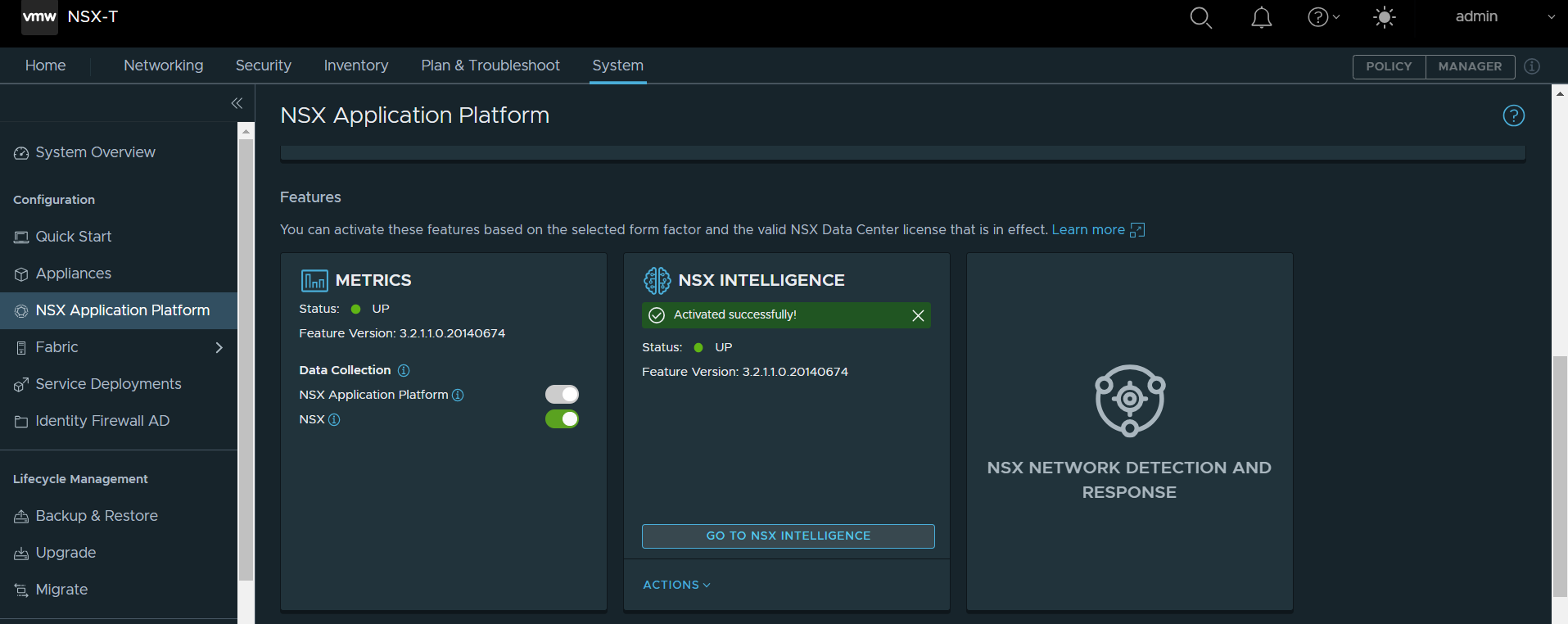 NSX Application platform intelligence enable