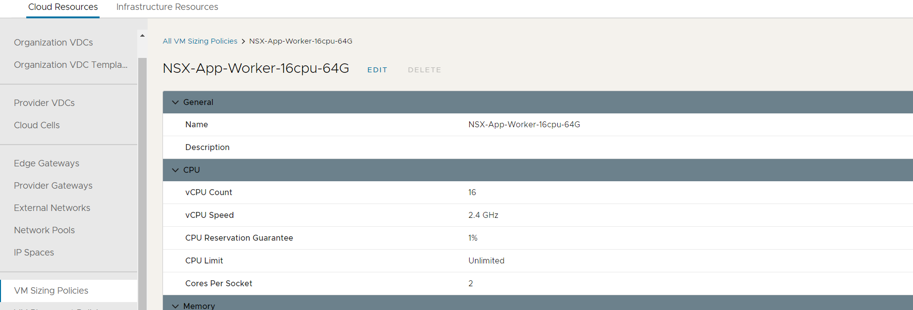 NSX Application platform Sizing Policies